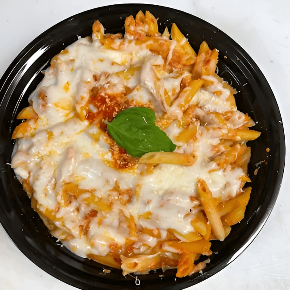 Penne pasta with melted cheese, tomato sauce, and a basil leaf in a black bowl.